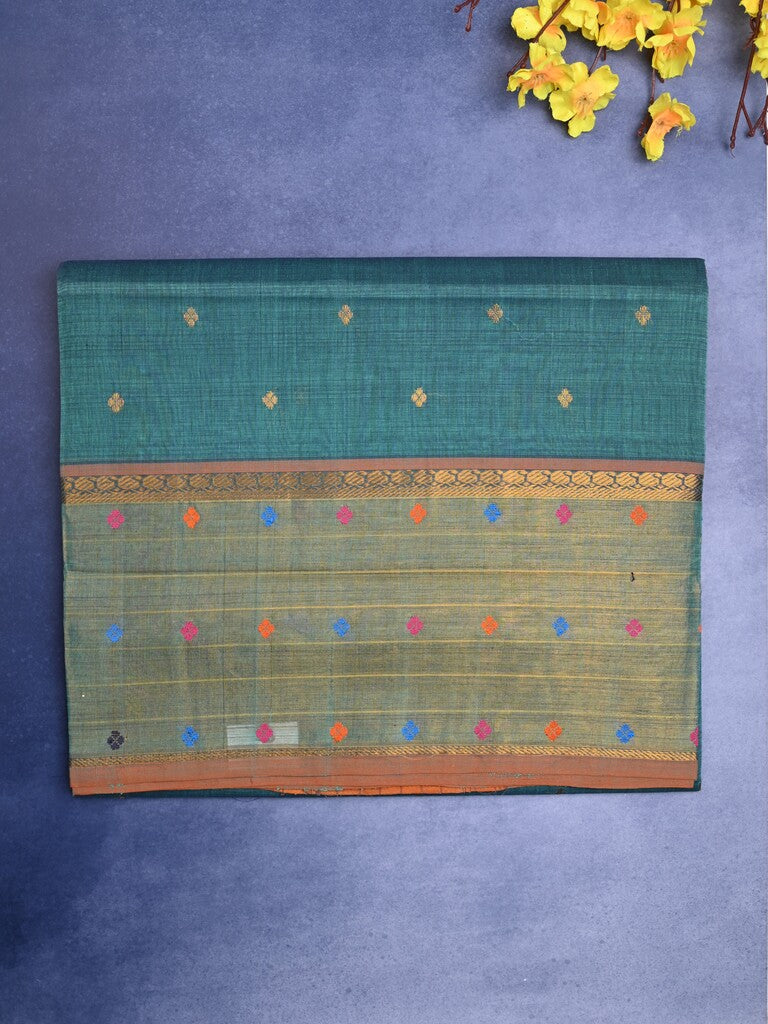 Venkatagiri cotton saree peacock blue color allover motifs & zari border with zari stripes pallu