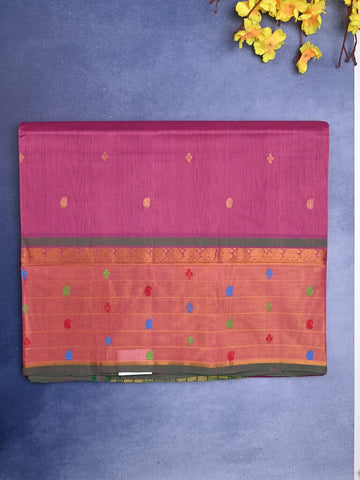 Venkatagiri cotton saree purple color allover motifs & zari border with zari stripes pallu