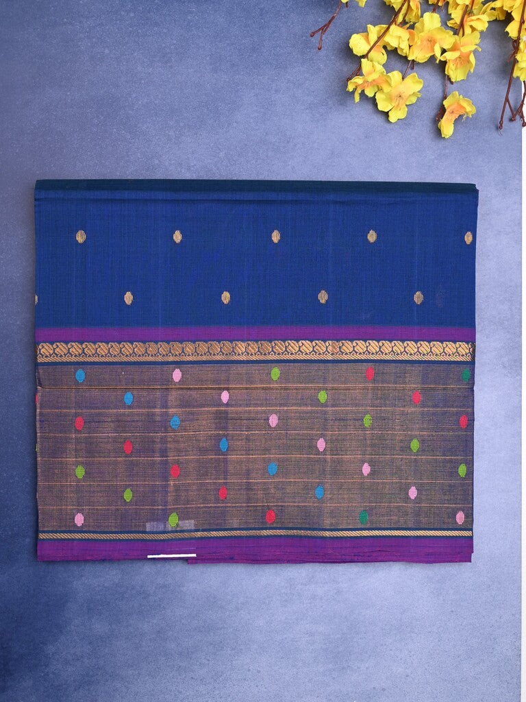 Venkatagiri cotton saree royal blue color allover motifs & zari border with zari stripes pallu