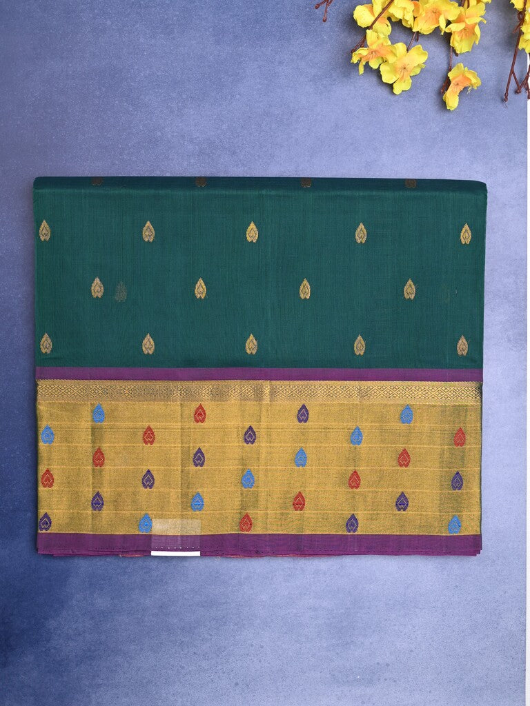 Venkatagiri cotton saree dark green color allover motifs & zari border with zari stripes pallu