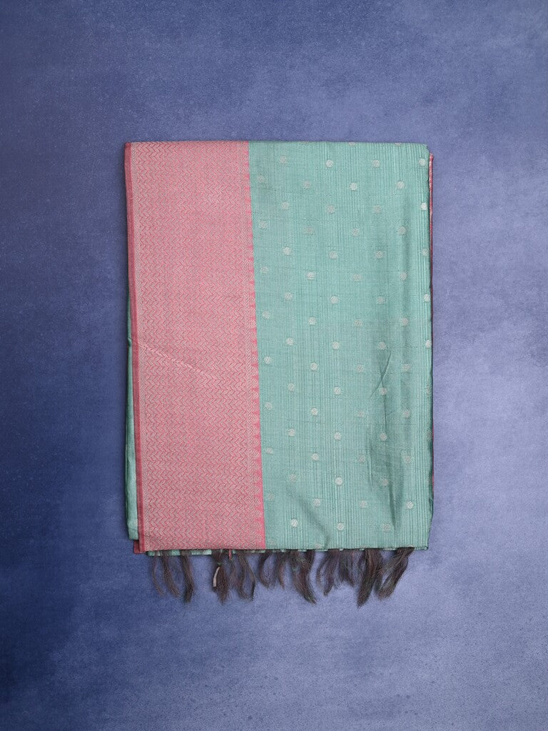 Tussar fancy saree lux green color allover zari motifs & zari border with rich pallu and contrast plain blouse