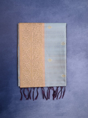 Tussar fancy saree light blue color allover zari motifs & zari border with rich pallu and contrast plain blouse