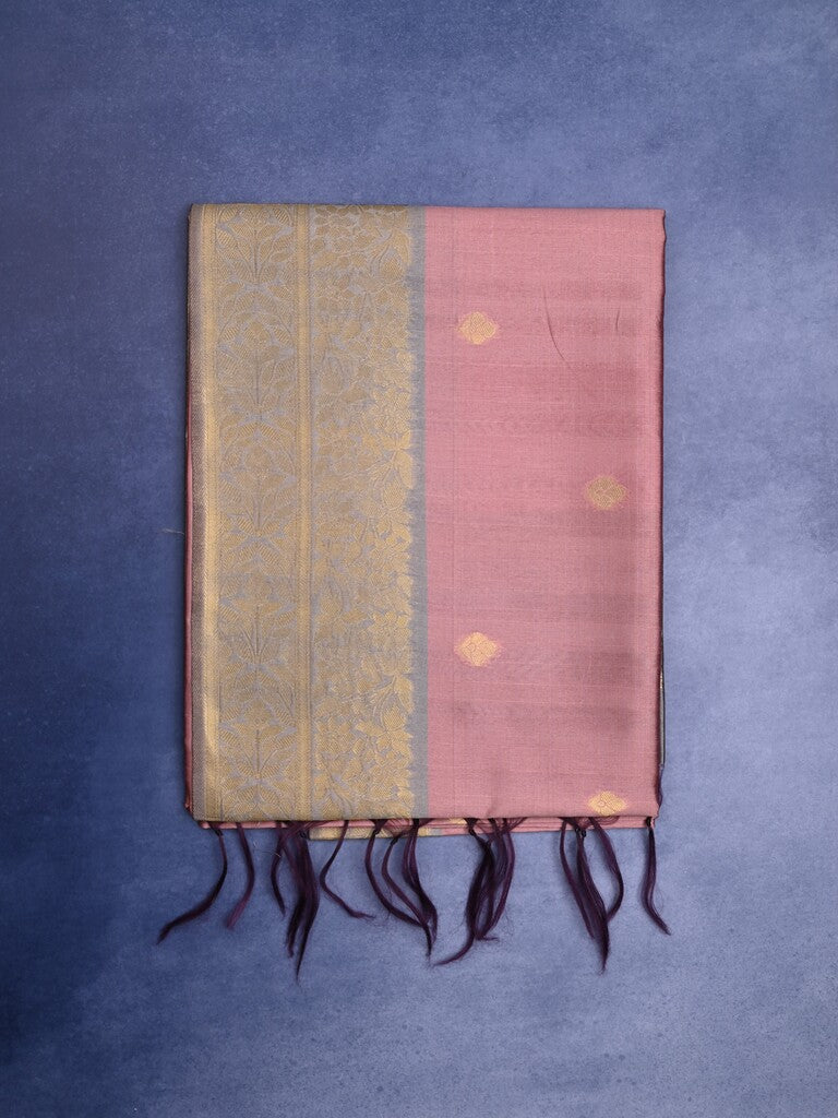 Tussar fancy saree onion pink color allover zari motifs & zari border with rich pallu and contrast plain blouse