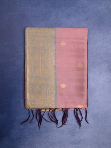 Tussar fancy saree onion pink color allover zari motifs & zari border with rich pallu and contrast plain blouse