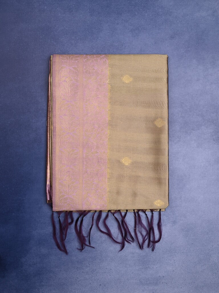 Tussar fancy saree snuff color allover zari motifs & zari border with rich pallu and contrast plain blouse