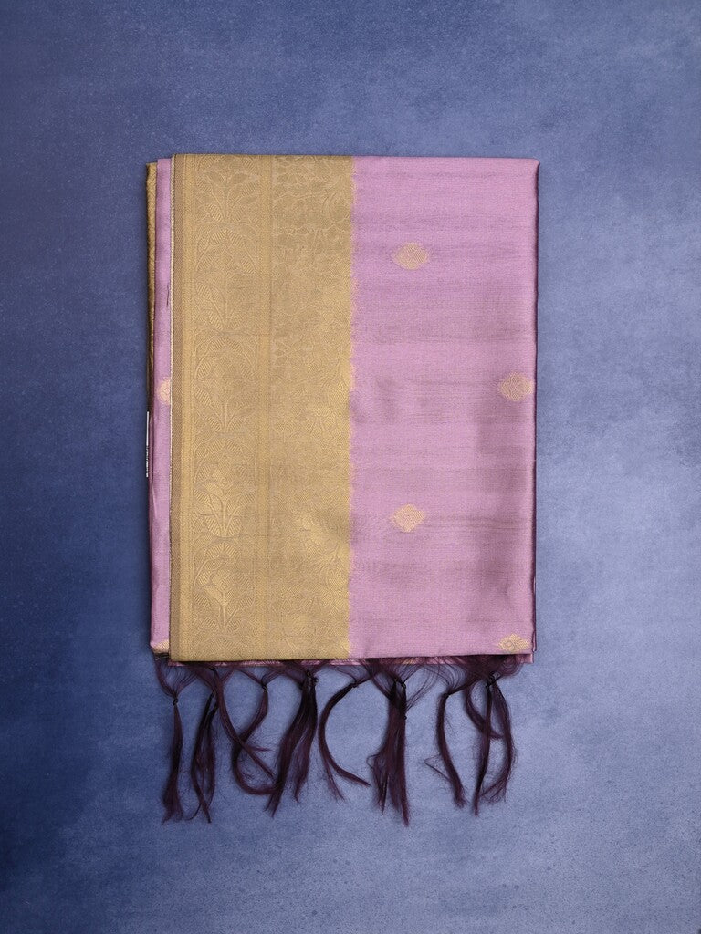 Tussar fancy saree lavender color allover zari motifs & zari border with rich pallu and contrast plain blouse