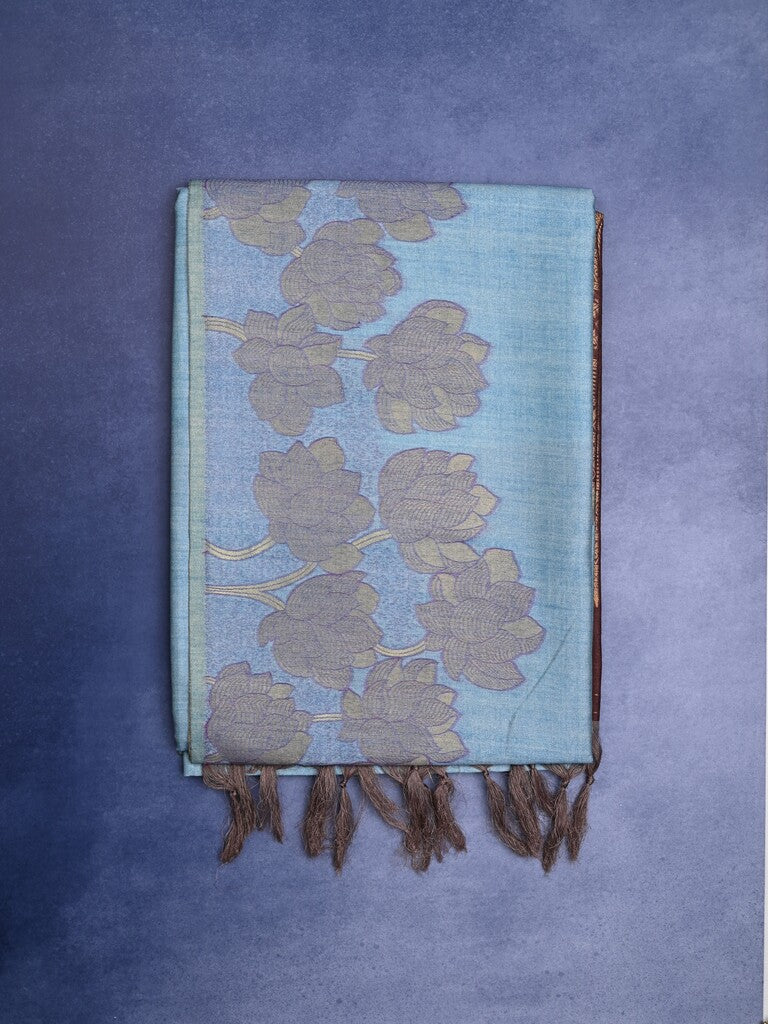 Tussar fancy saree sky blue color allover plain & printed border with rich pallu and contrast blouse