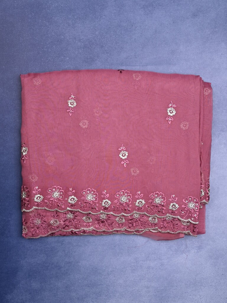 Soft organza fancy saree wine color allover embroidery motifs & embroidery border with running pallu and embroidery blouse