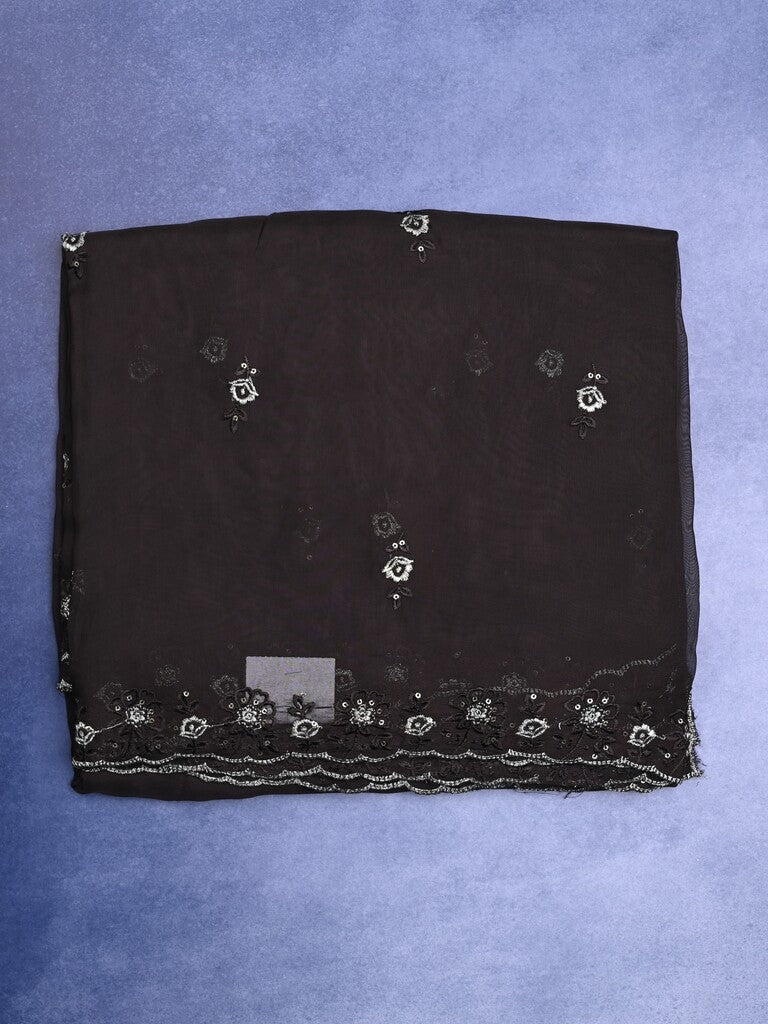 Soft organza fancy saree black color allover embroidery motifs & embroidery border with running pallu and embroidery blouse