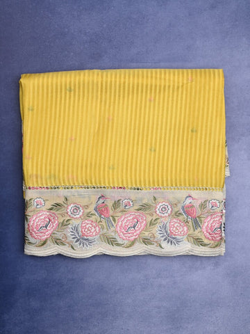 Dola tissue fancy saree yellow color allover stripes & designer fancy border with running pallu and embroidery blouse