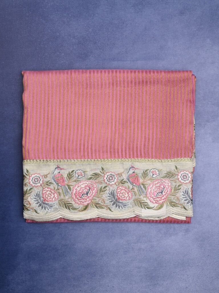 Dola tissue fancy saree onion pink color allover stripes & designer fancy border with running pallu and embroidery blouse