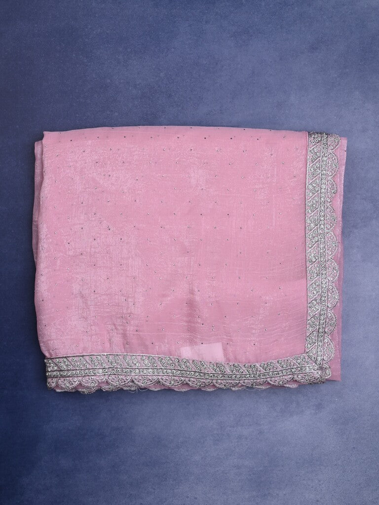 Organza shimmer fancy saree baby pink color allover embroidery motifs & embroidery border with running pallu and self blouse