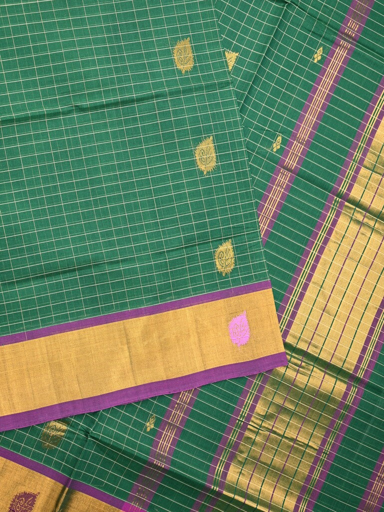 Venkatagiri cotton saree bottle green color allover motifs & small zari border with zari stripes pallu