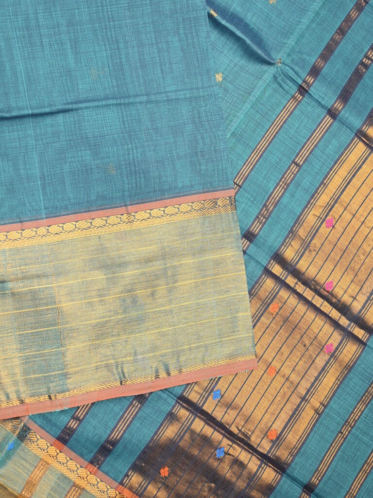 Venkatagiri cotton saree peacock blue color allover motifs & zari border with zari stripes pallu