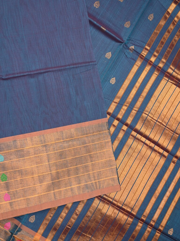 Venkatagiri cotton saree navy blue color allover motifs & zari border with zari stripes pallu
