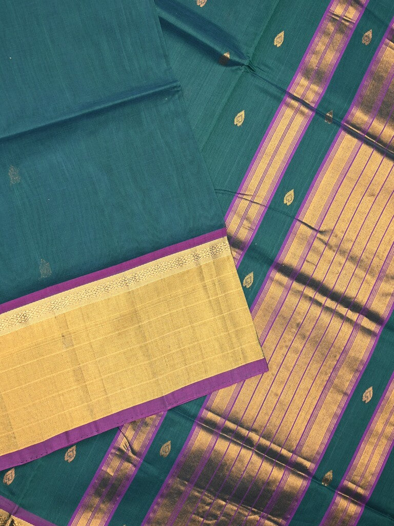 Venkatagiri cotton saree dark green color allover motifs & zari border with zari stripes pallu