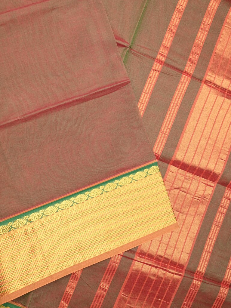 Venkatagiri cotton saree dark snuff color allover plain & zari border with zari stripes pallu