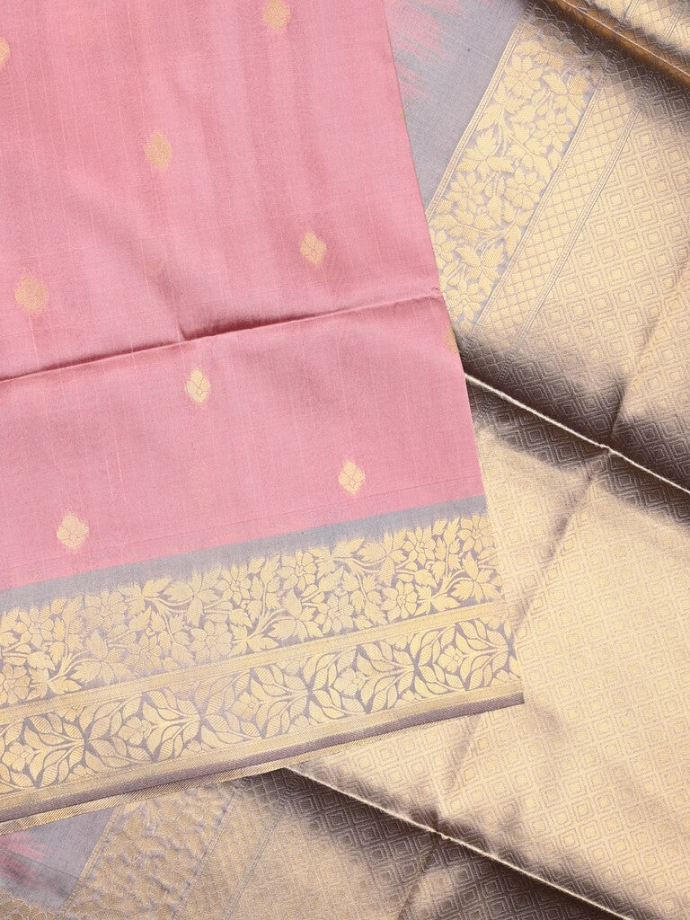 Tussar fancy saree onion pink color allover zari motifs & zari border with rich pallu and contrast plain blouse