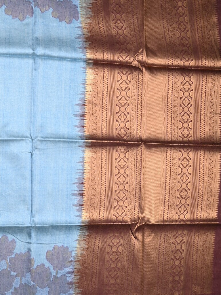 Tussar fancy saree sky blue color allover plain & printed border with rich pallu and contrast blouse