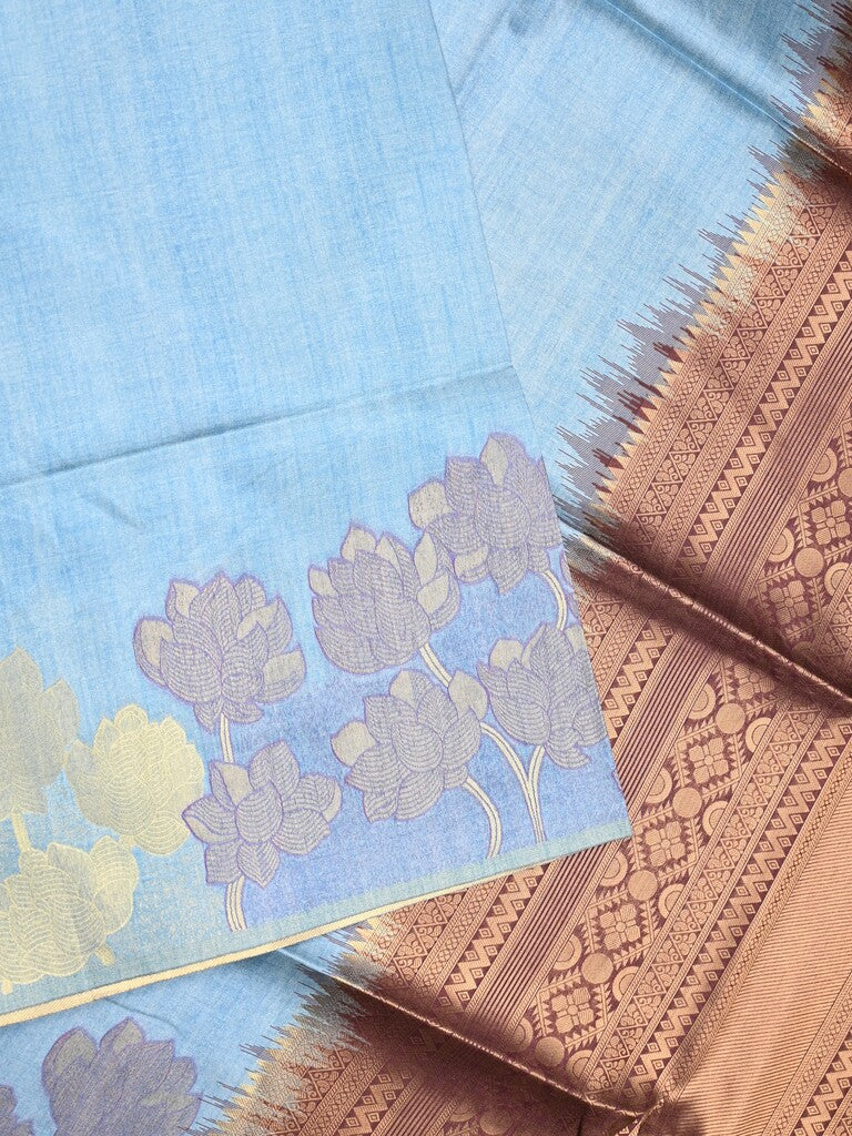 Tussar fancy saree sky blue color allover plain & printed border with rich pallu and contrast blouse