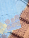 Tussar fancy saree sky blue color allover plain & printed border with rich pallu and contrast blouse