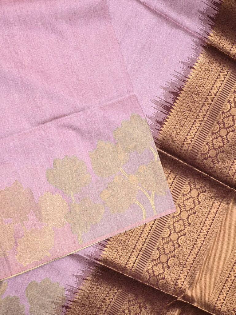 Tussar fancy saree lavender color allover plain & printed border with rich pallu and contrast blouse