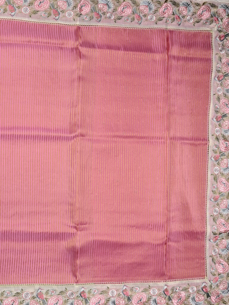 Dola tissue fancy saree onion pink color allover stripes & designer fancy border with running pallu and embroidery blouse