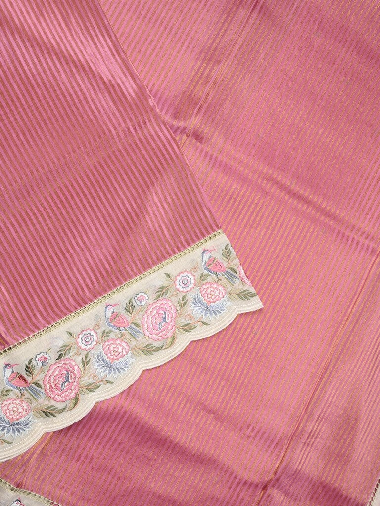 Dola tissue fancy saree onion pink color allover stripes & designer fancy border with running pallu and embroidery blouse