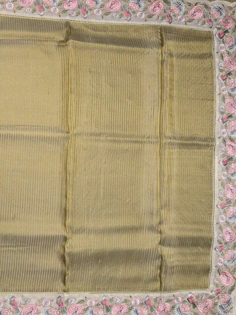 Dola tissue fancy saree snuff color allover stripes & designer fancy border with running pallu and embroidery blouse