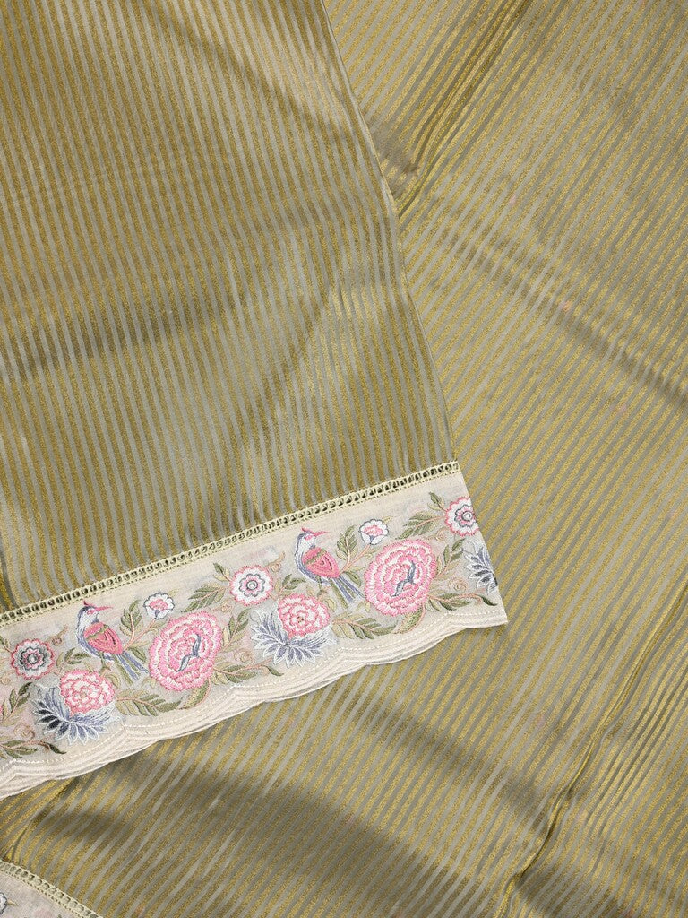 Dola tissue fancy saree snuff color allover stripes & designer fancy border with running pallu and embroidery blouse