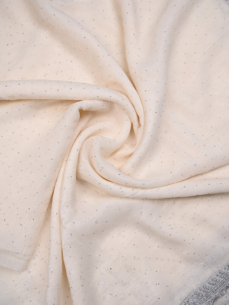 Organza shimmer fancy saree white color allover embroidery motifs & embroidery border with running pallu and self blouse