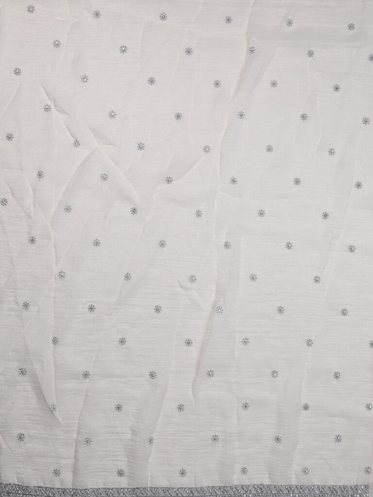 Organza shimmer fancy saree white color allover embroidery motifs & embroidery border with running pallu and self blouse