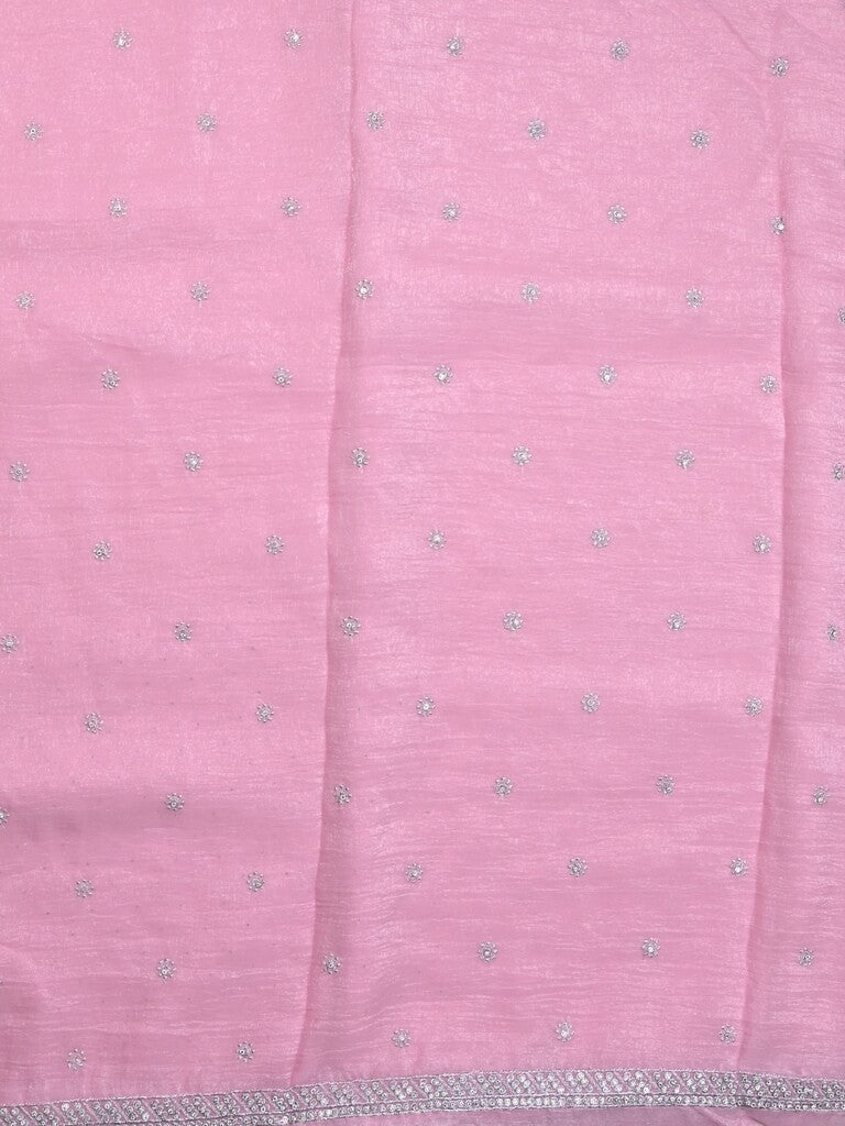 Organza shimmer fancy saree baby pink color allover embroidery motifs & embroidery border with running pallu and self blouse