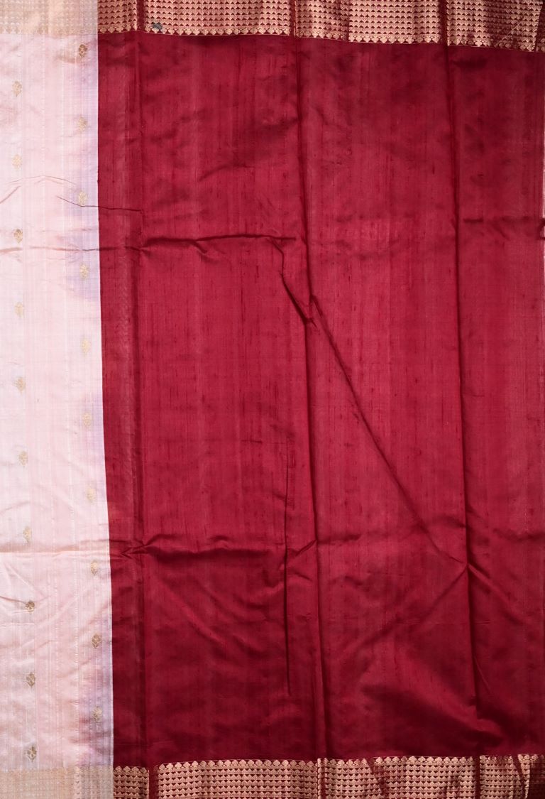 Raw silk pattu saree peach color allover zari motifs & zari border with contrast plain pallu and plain blouse