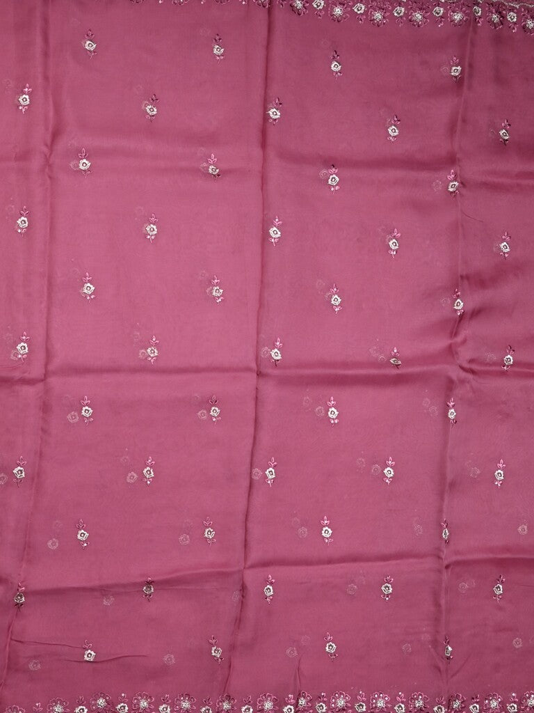 Soft organza fancy saree wine color allover embroidery motifs & embroidery border with running pallu and embroidery blouse