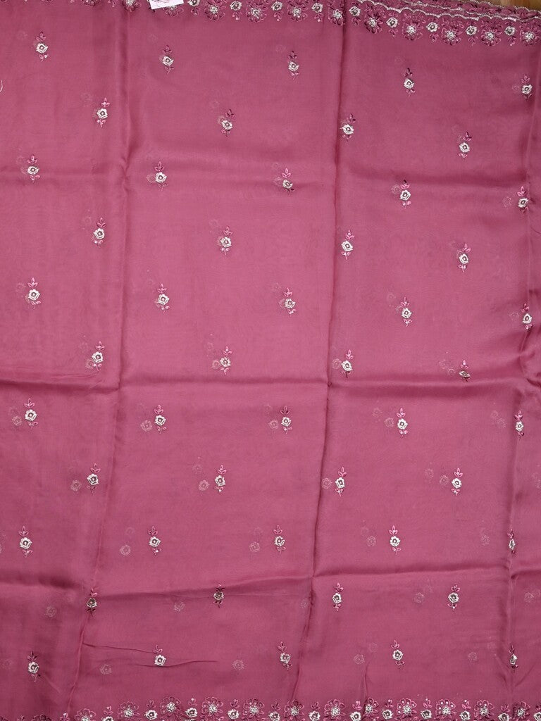 Soft organza fancy saree wine color allover embroidery motifs & embroidery border with running pallu and embroidery blouse