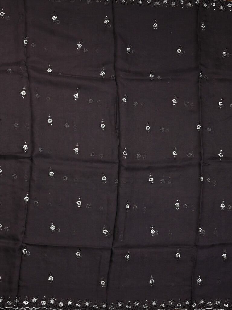 Soft organza fancy saree black color allover embroidery motifs & embroidery border with running pallu and embroidery blouse