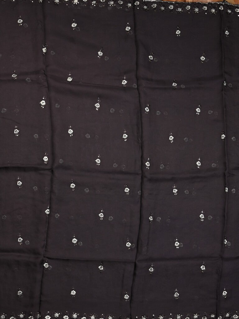 Soft organza fancy saree black color allover embroidery motifs & embroidery border with running pallu and embroidery blouse