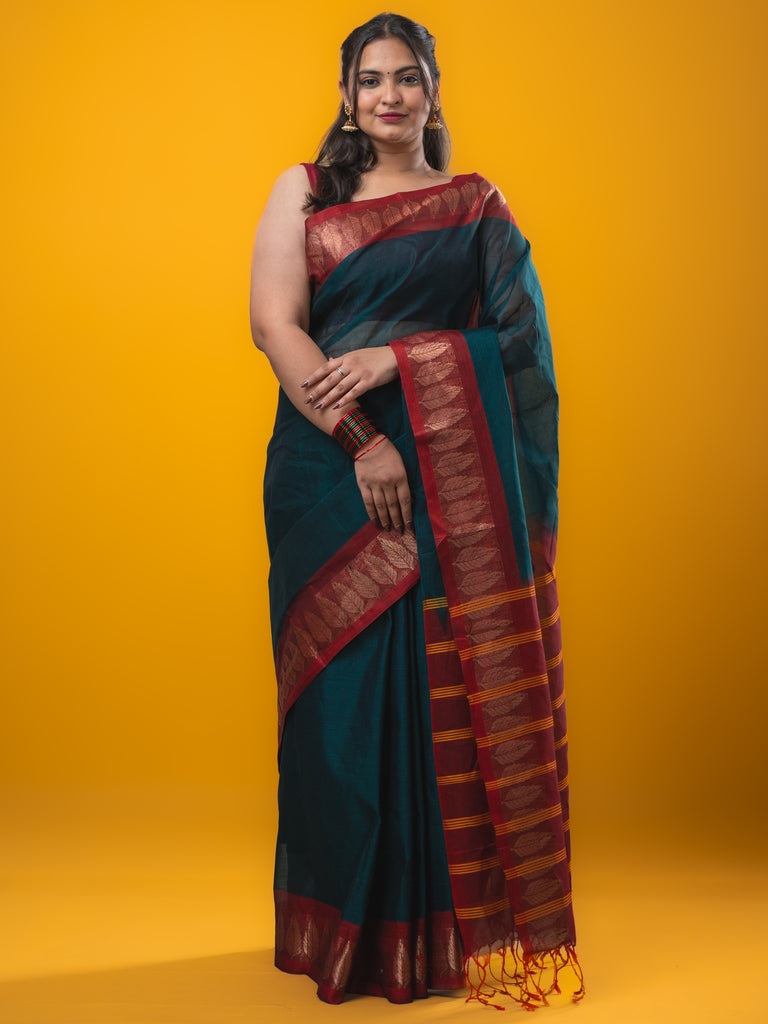 Dhaka cotton saree peacock green color allover plain & zari border with contrast plain pallu and plain blouse