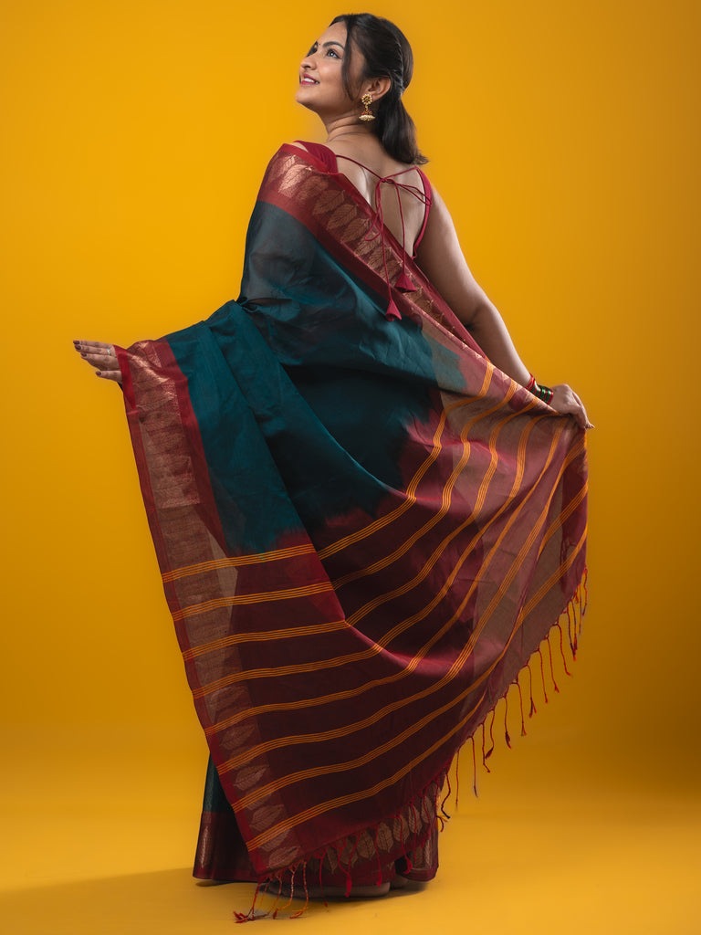 Dhaka cotton saree peacock green color allover plain & zari border with contrast plain pallu and plain blouse