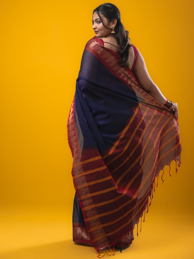 Dhaka cotton saree navy blue color allover plain & zari border with contrast plain pallu and plain blouse
