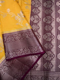 Dupion fancy saree mustard yellow color allover zari weaves & zari border with rich pallu contrast brocade blouse