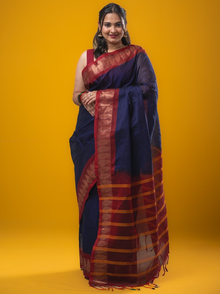 Dhaka cotton saree navy blue color allover plain & zari border with contrast plain pallu and plain blouse