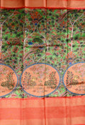 Chiniya silk saree green and orange color with allover digital kalamkari prints, short pallu, big zari border and plain blouse