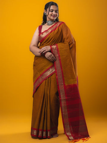 Dhaka cotton saree mustard yellow color allover plain & zari border with contrast plain pallu and plain blouse