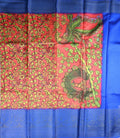 Chiniya silk saree red and blue color with allover digital kalamkari prints, short pallu, big zari border and printed blouse.