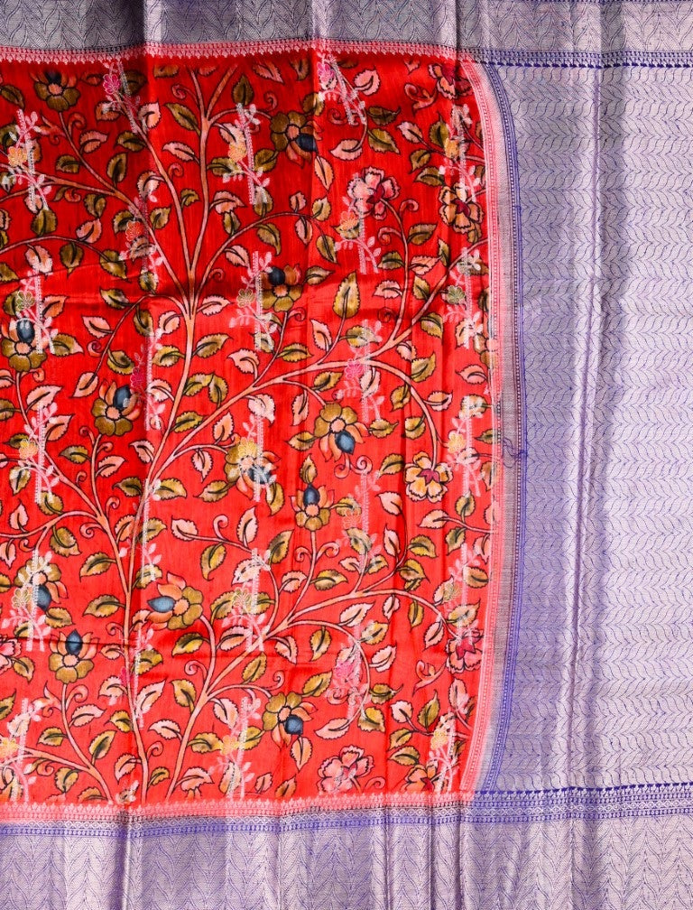 Matka jute saree red and purple color with allover digital prints with antique zari motives, short pallu, zari border, and brocade blouse