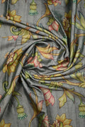 Tussar fancy saree grey color allover digital kalamkari prints and zari weaving border with printed pallu and plain blouse