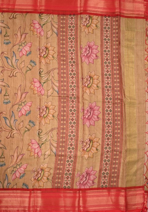 Tussar fancy saree beige color allover digital kalamkari prints and zari weaving border with printed pallu and plain blouse