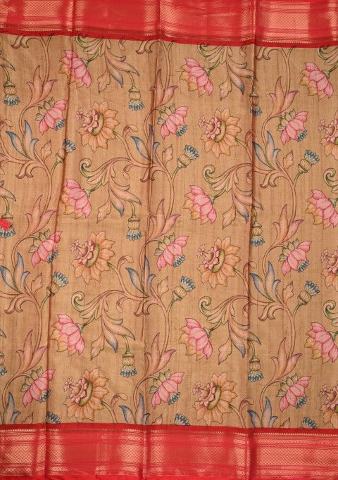 Tussar fancy saree beige color allover digital kalamkari prints and zari weaving border with printed pallu and plain blouse